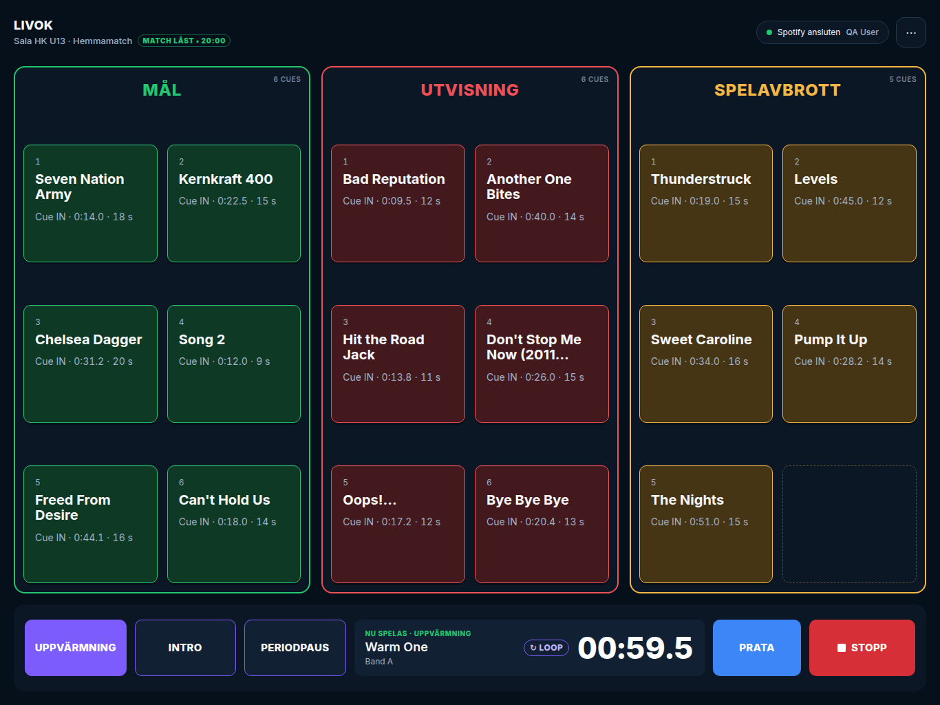 LIVOK Game Mode på iPad: mål i grönt, utvisning i rött och spelavbrott i gult. Uppvärmning, Intro, Periodpaus, Prata och Stopp ligger längst ned, med stor nedräkning i Nu spelas.